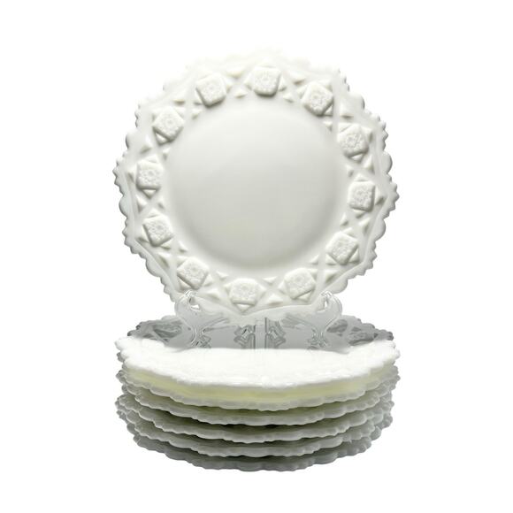 Westmoreland “Old Quilt” Set of 7 Milk Glass Salad Plates 8 1/2” Marked - Picture 1 of 5